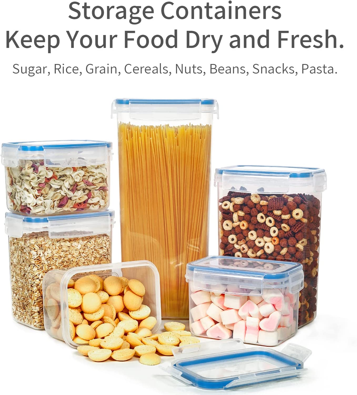 Set of 7 blue BPA-free plastic food storage containers, various sizes, stackable design for kitchen organization.