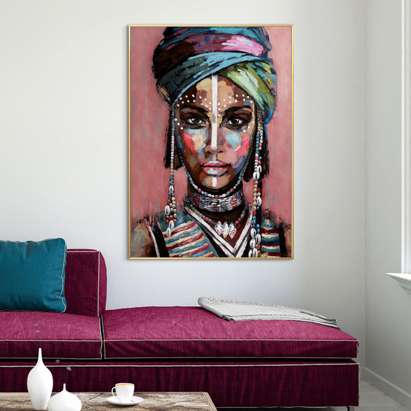 70cmx100cm canvas wall art featuring an African woman in a gold frame, showcasing vibrant colors and intricate details.