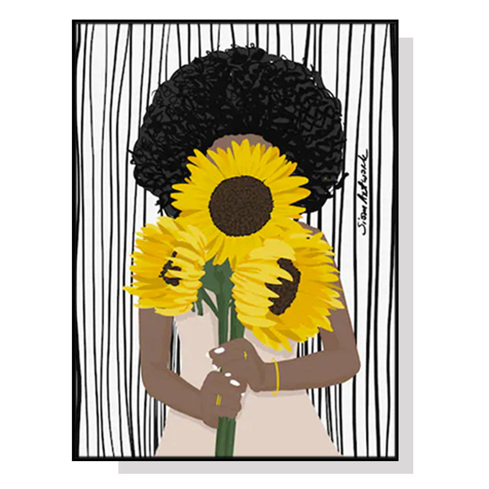 70cmx100cm canvas wall art featuring an African woman with sunflowers, framed in black, showcasing vibrant colors and intricate details.