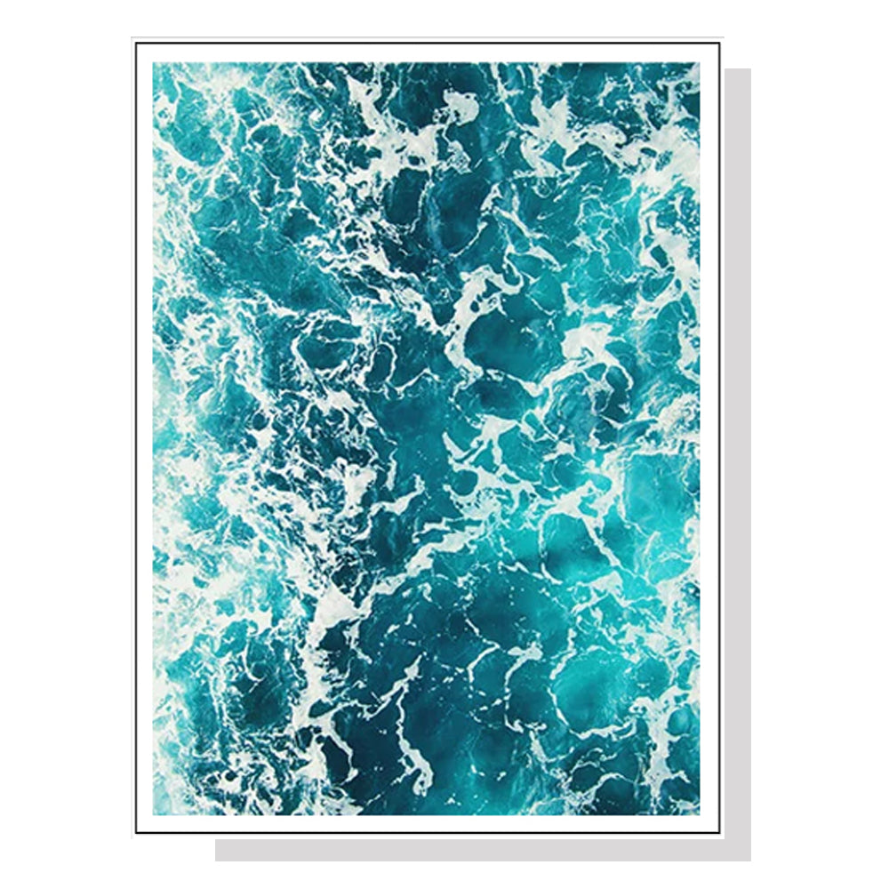 70cmx100cm Blue Ocean Canvas Wall Art in a white floating frame, showcasing vibrant ocean colors.