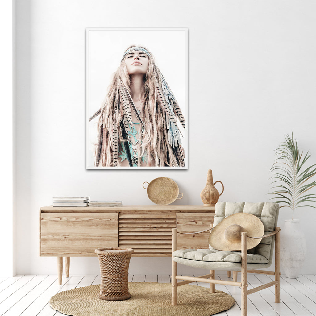 70cmx100cm BOHO Girl Canvas Wall Art in a white floating frame, showcasing vibrant colors and intricate details.