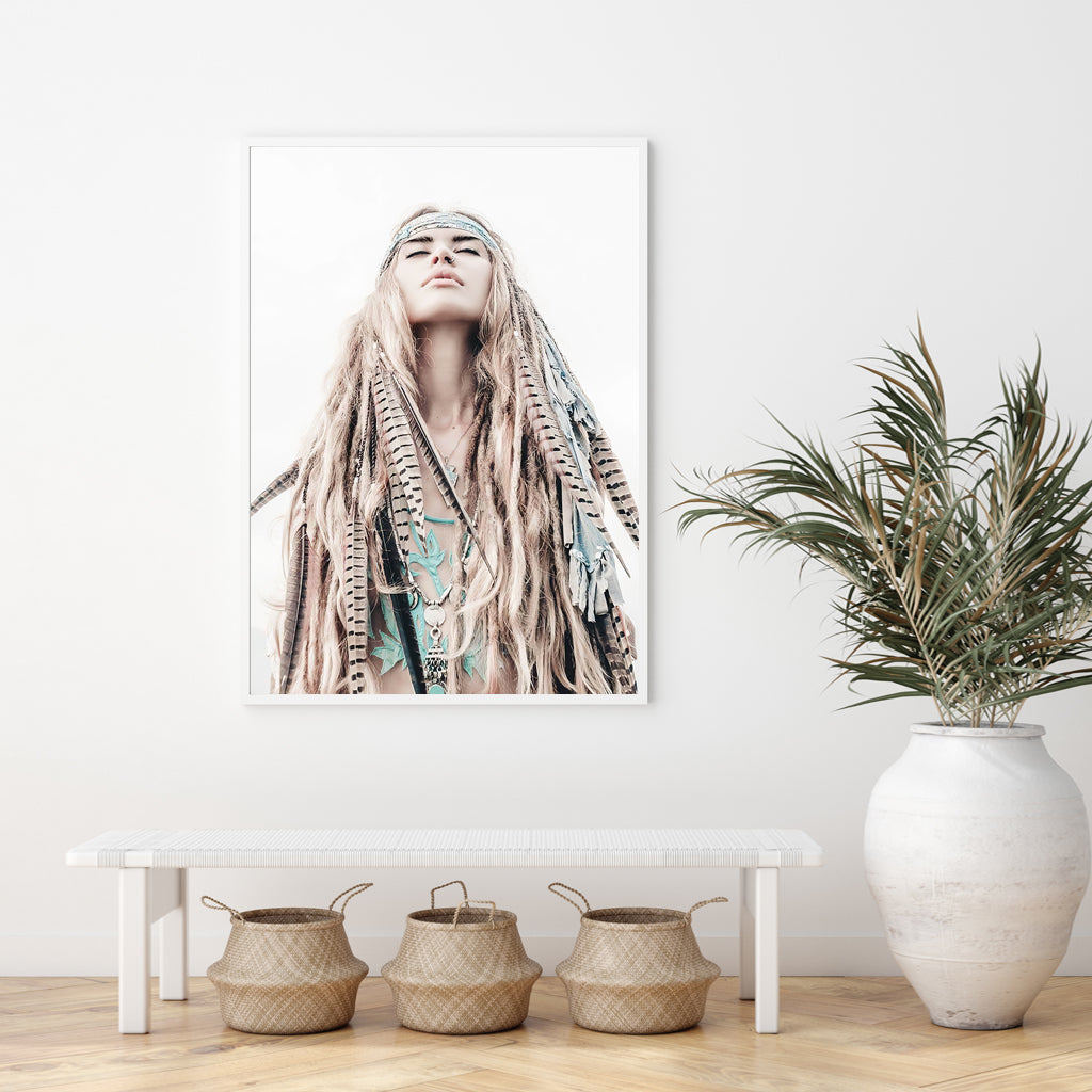 70cmx100cm BOHO Girl Canvas Wall Art in a white floating frame, showcasing vibrant colors and intricate details.