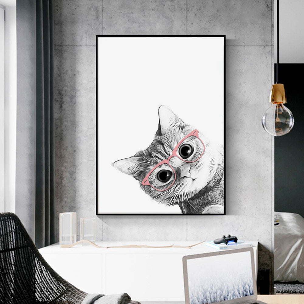 70cmx100cm canvas wall art featuring a cat wearing glasses in a black frame, showcasing vibrant colors and a floating effect.