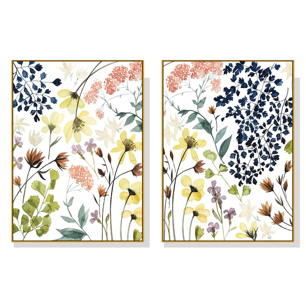 70cmx100cm Flower Composition canvas wall art in a gold frame, showcasing vibrant floral designs.