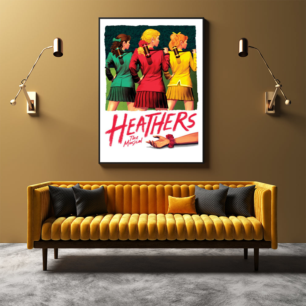 70cmx100cm Heathers The Musical canvas wall art in a black frame, showcasing vibrant colors and a floating effect.