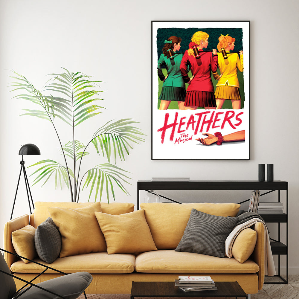 70cmx100cm Heathers The Musical canvas wall art in a black frame, showcasing vibrant colors and a floating effect.