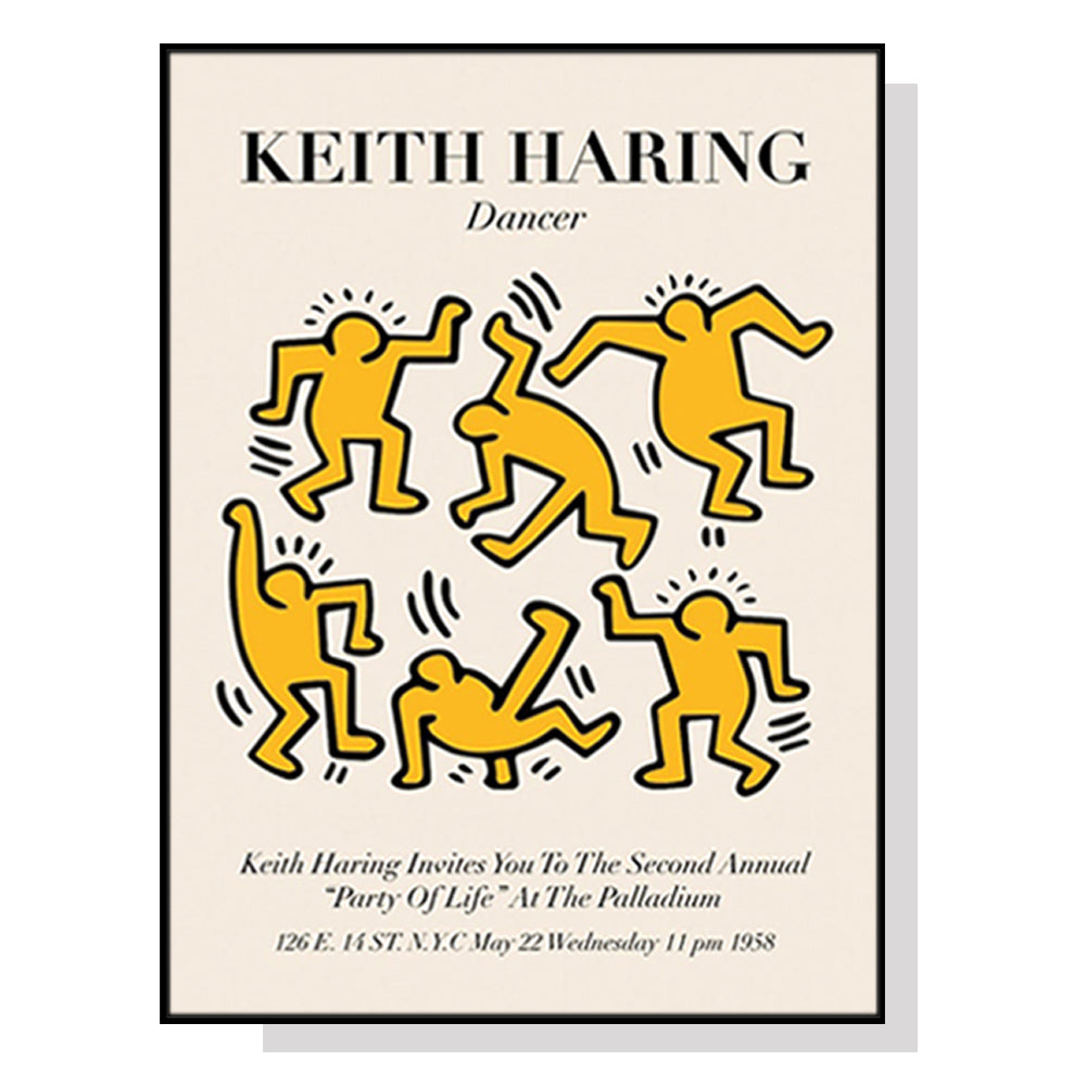 70cmx100cm Keith Haring Dancer canvas wall art framed in black, showcasing vibrant yellow and black colors.