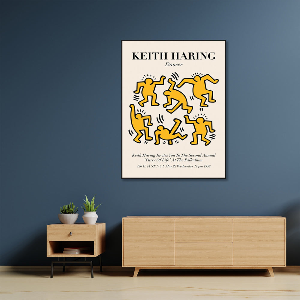 70cmx100cm Keith Haring Dancer canvas wall art framed in black, showcasing vibrant yellow and black colors.