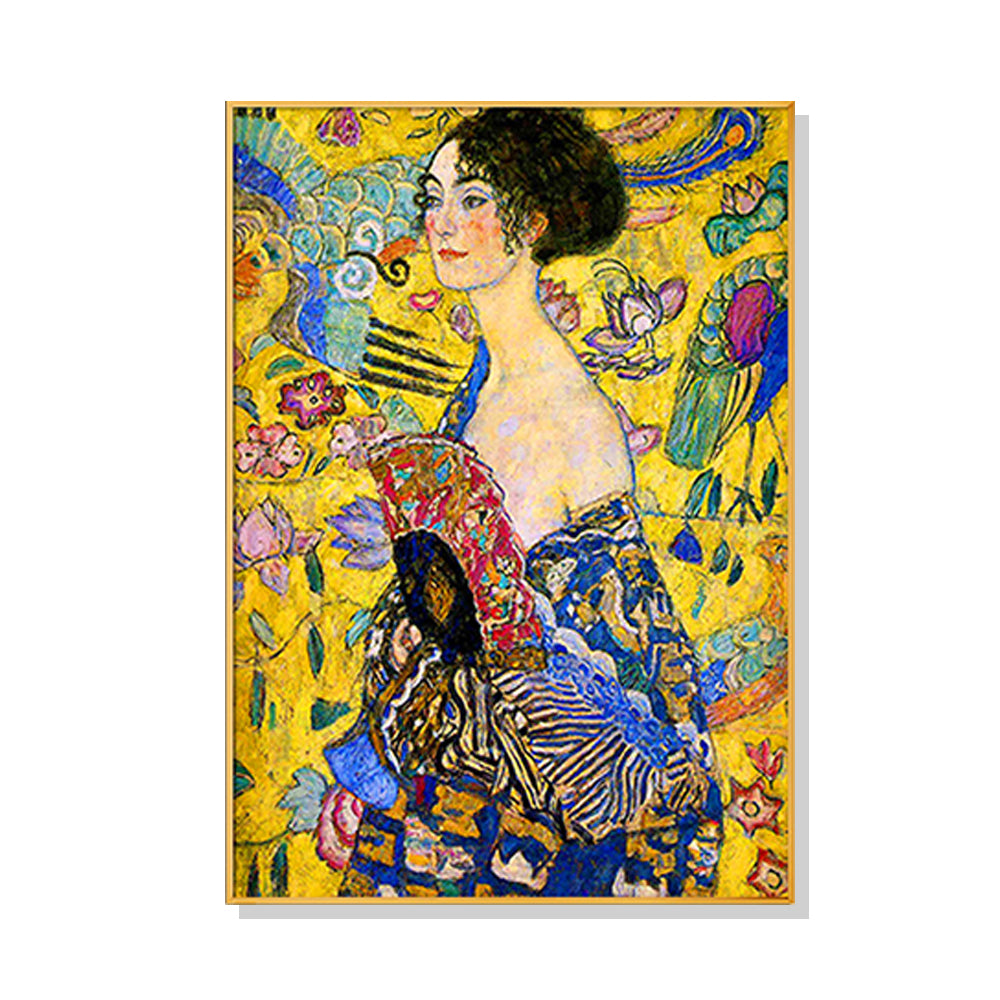70cmx100cm canvas wall art featuring Klimt's Lady With A Fan, elegantly framed in gold, showcasing vibrant colors and intricate details.