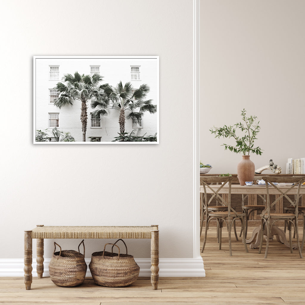 70cmx100cm Palm Tree Canvas Wall Art in a white floating frame, showcasing vibrant colors and a serene palm tree design.
