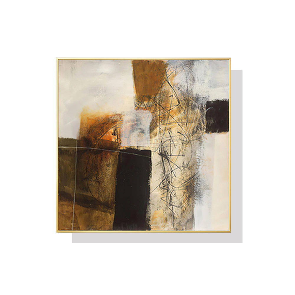 A 70cmx70cm abstract painting featuring gold and brown tones, elegantly framed in a luxurious gold frame, ready to enhance any wall.