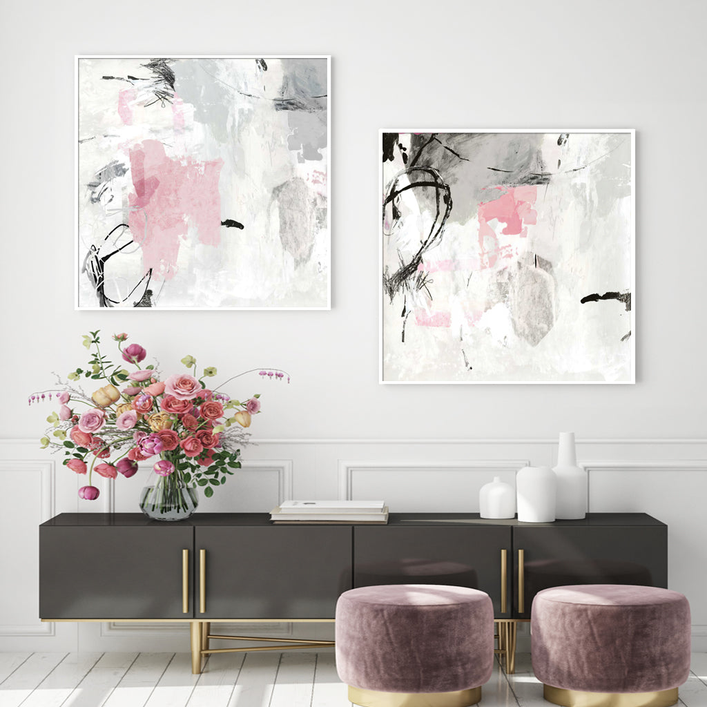70cmx70cm Abstract Pink Grey Canvas Wall Art in a white frame, showcasing vibrant colors and a modern design.