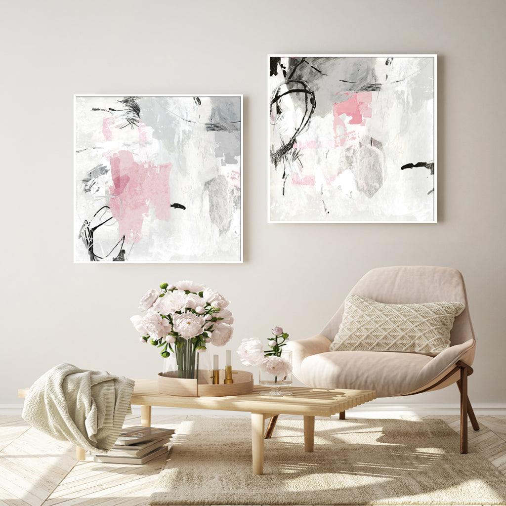 70cmx70cm Abstract Pink Grey Canvas Wall Art in a white frame, showcasing vibrant colors and a modern design.