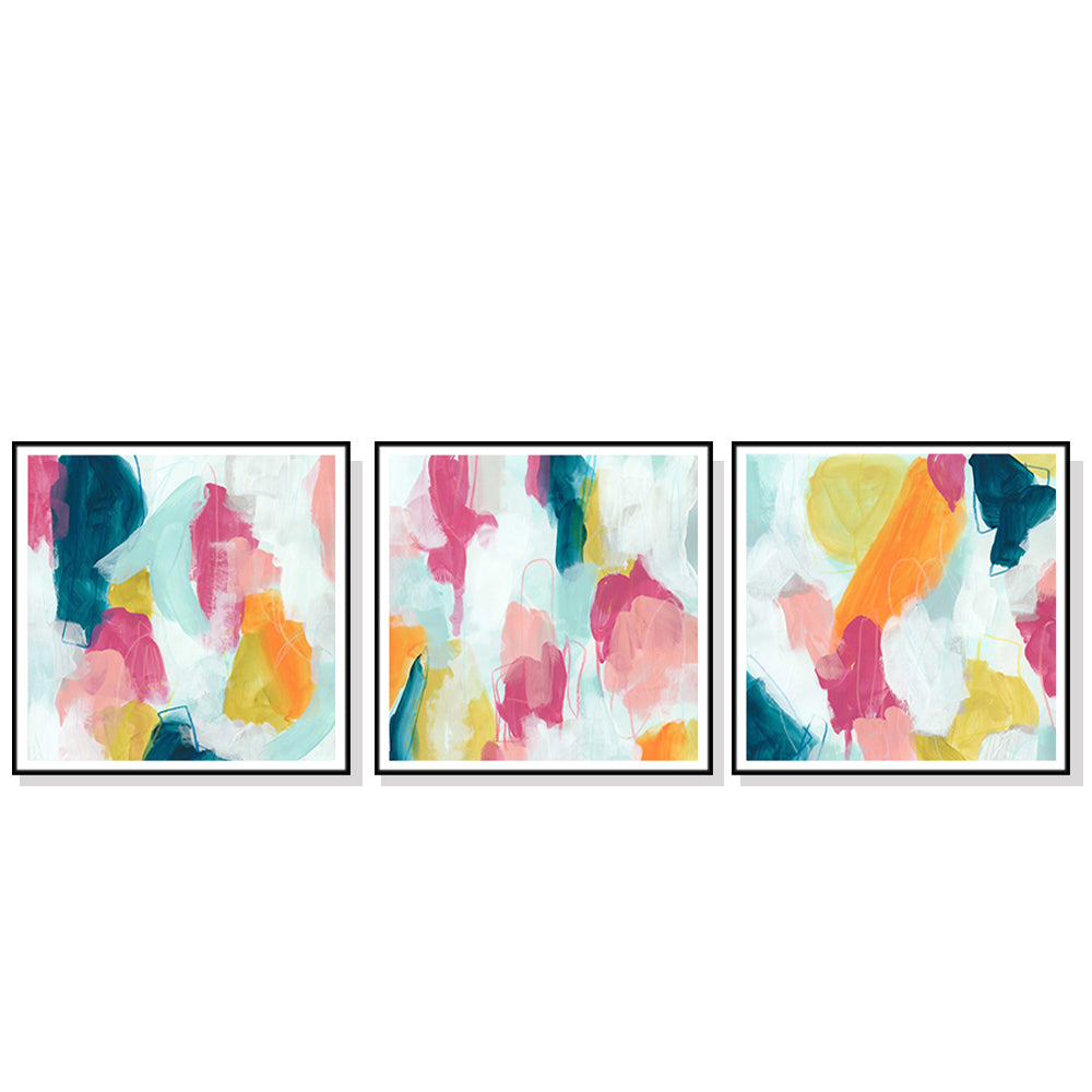 Three vibrant 70cmx70cm canvas wall art pieces in black frames, showcasing colorful designs, ready to enhance any living space.