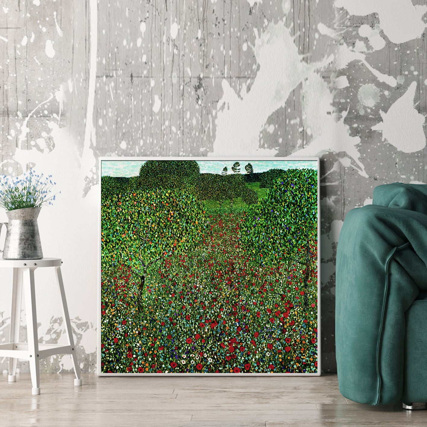 70cmx70cm canvas wall art featuring Gustav Klimt's Field of Poppies, elegantly framed in a white floating frame, showcasing vibrant colors and intricate details.