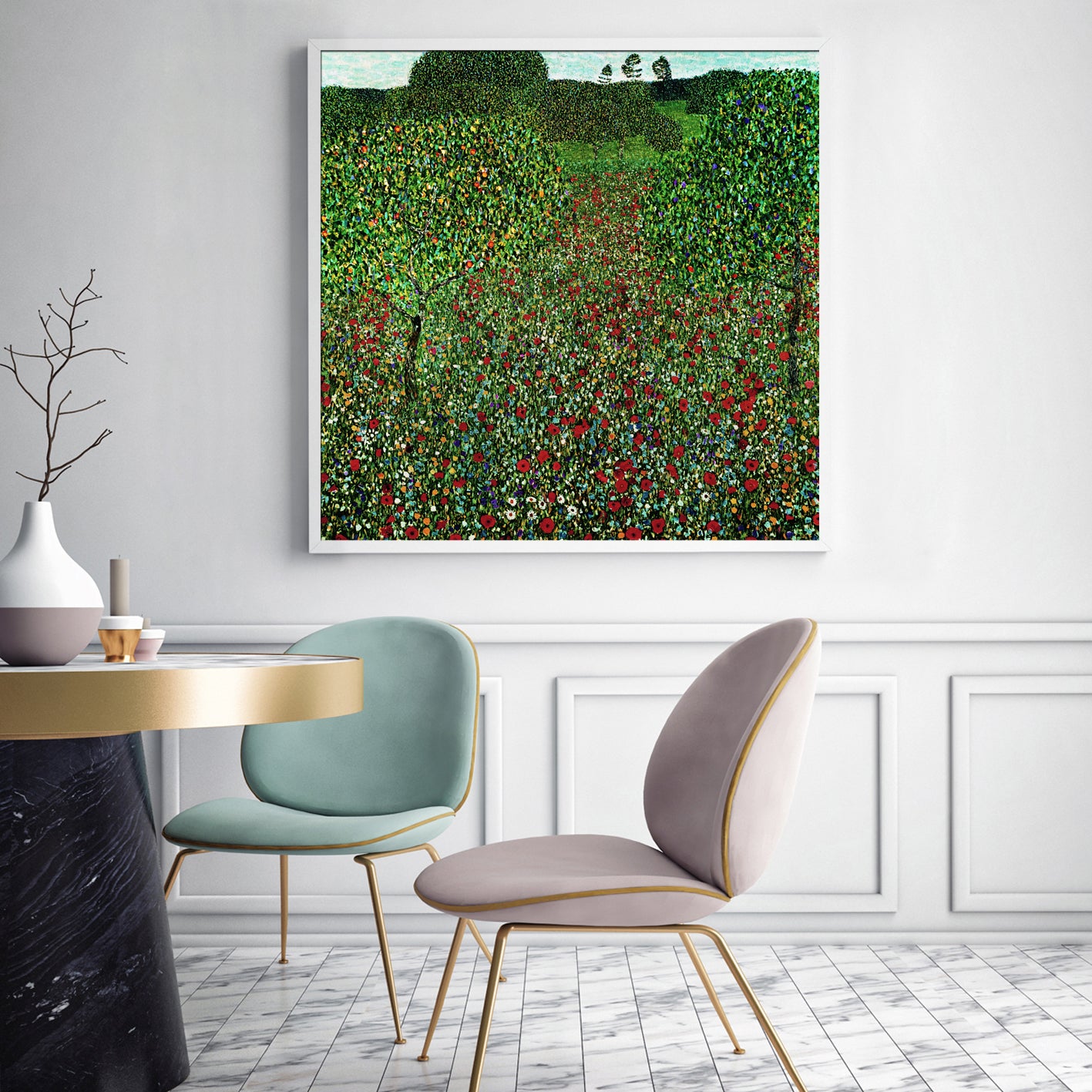 70cmx70cm canvas wall art featuring Gustav Klimt's Field of Poppies, elegantly framed in a white floating frame, showcasing vibrant colors and intricate details.