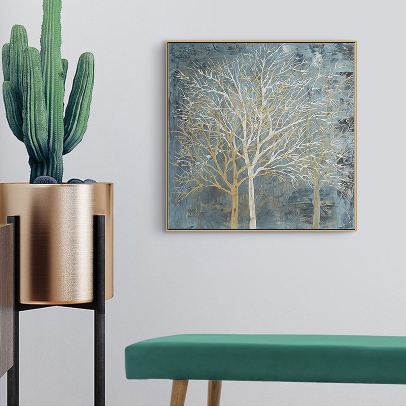 70cmx70cm canvas wall art featuring a forest at twilight, framed in gold, showcasing vibrant colors and intricate details.