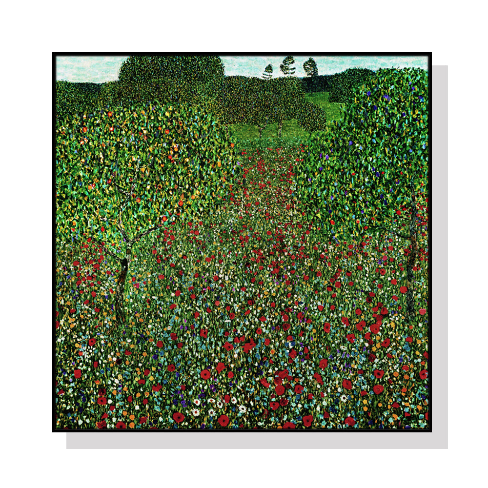 70cmx70cm canvas wall art featuring Gustav Klimt's Italian garden, framed in a sleek black frame, showcasing vibrant colors and intricate details.