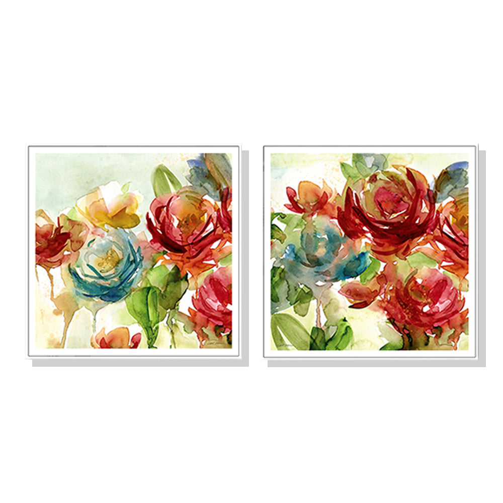70cmx70cm Rosewater Garden canvas print by Carol Robinson, framed in white with a floating effect, showcasing vibrant floral artwork.