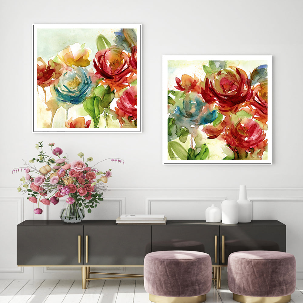 70cmx70cm Rosewater Garden canvas print by Carol Robinson, framed in white with a floating effect, showcasing vibrant floral artwork.