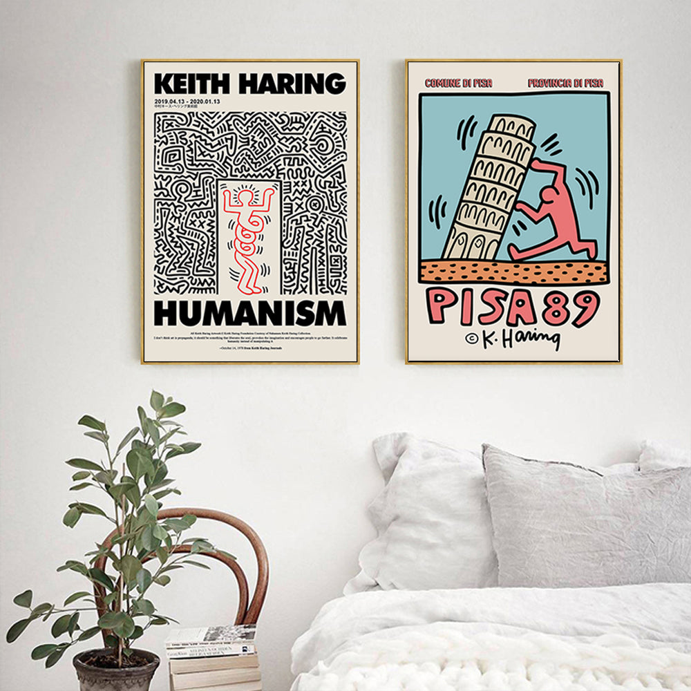 70cmx70cm Keith Haring wall art in a gold frame, showcasing vibrant colors and modern design.