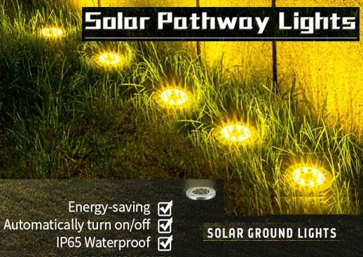 A set of 8 LED solar pathway lights with warm white illumination, installed in a garden pathway, showcasing their elegant design and bright lighting.