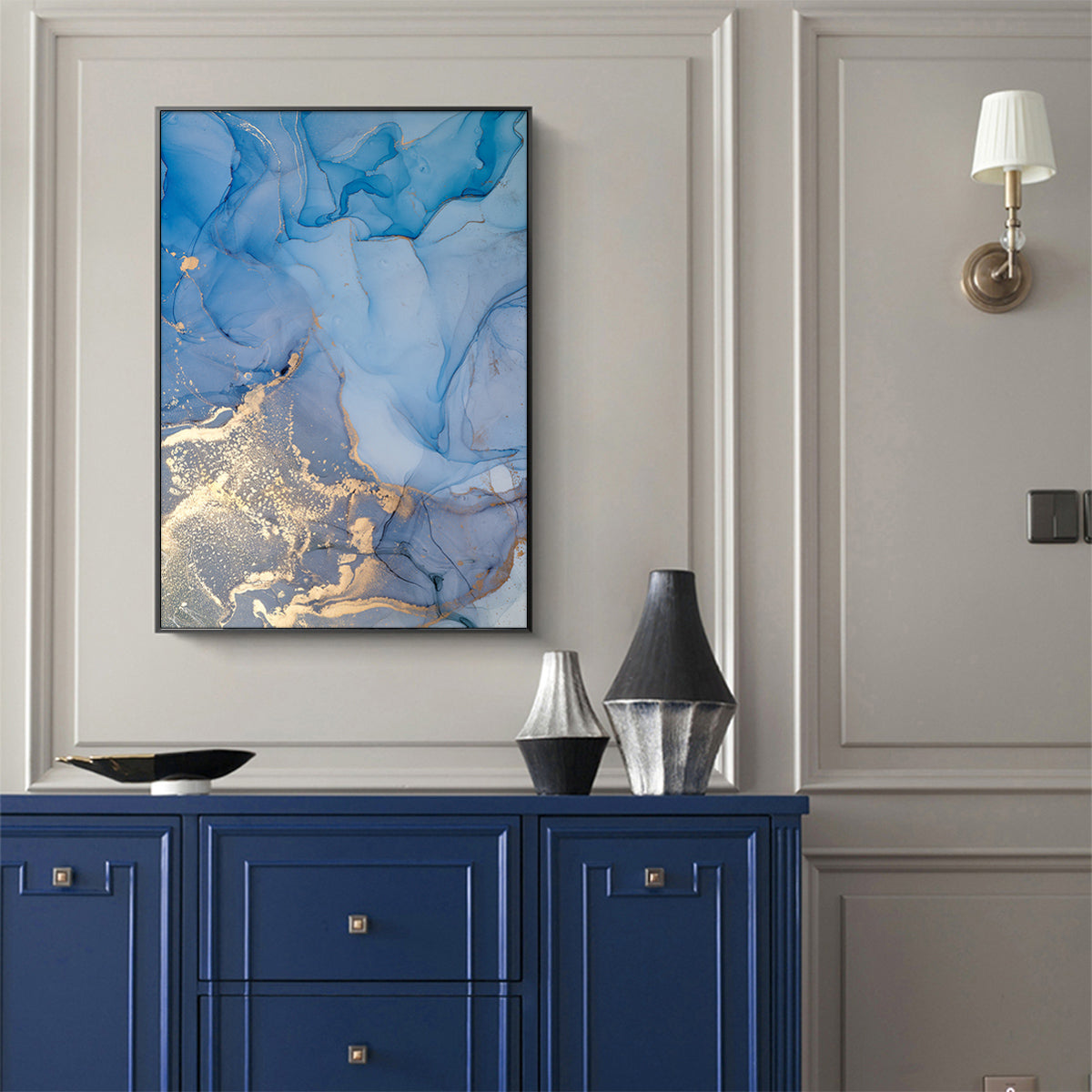80cmx120cm light blue marble canvas with gold splash, framed in black, showcasing a modern and elegant design.