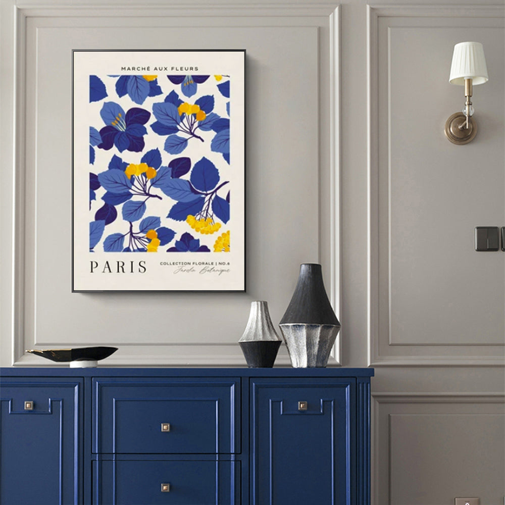 80cmx120cm canvas wall art featuring a Paris flower market scene in a black frame, showcasing vibrant colors and elegant design.