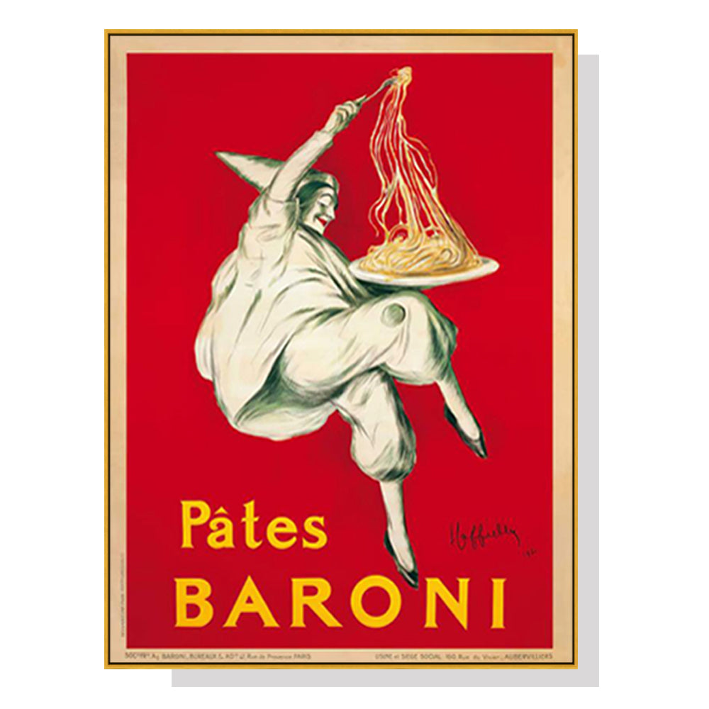 80cmx120cm Pates Baroni Pasta Canvas Wall Art framed in gold, showcasing vibrant colors and a floating effect.