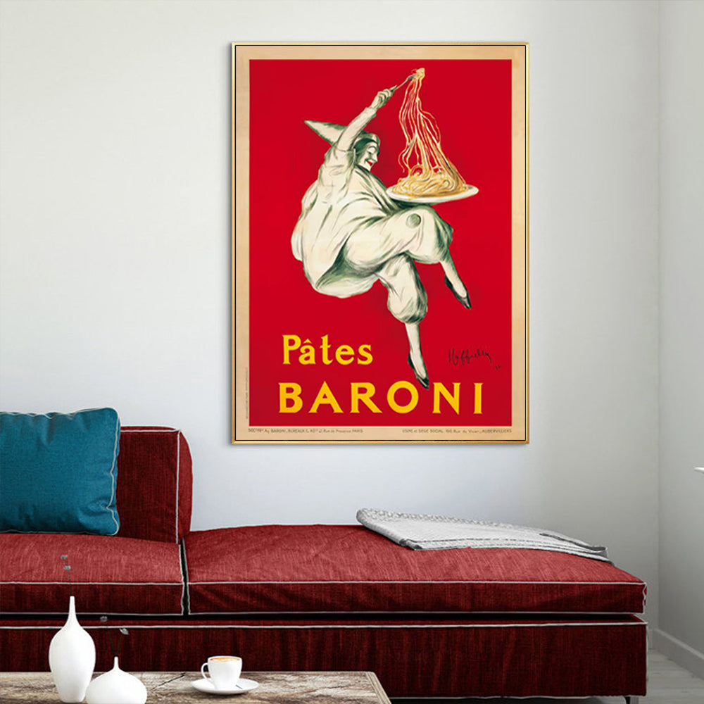 80cmx120cm Pates Baroni Pasta Canvas Wall Art framed in gold, showcasing vibrant colors and a floating effect.