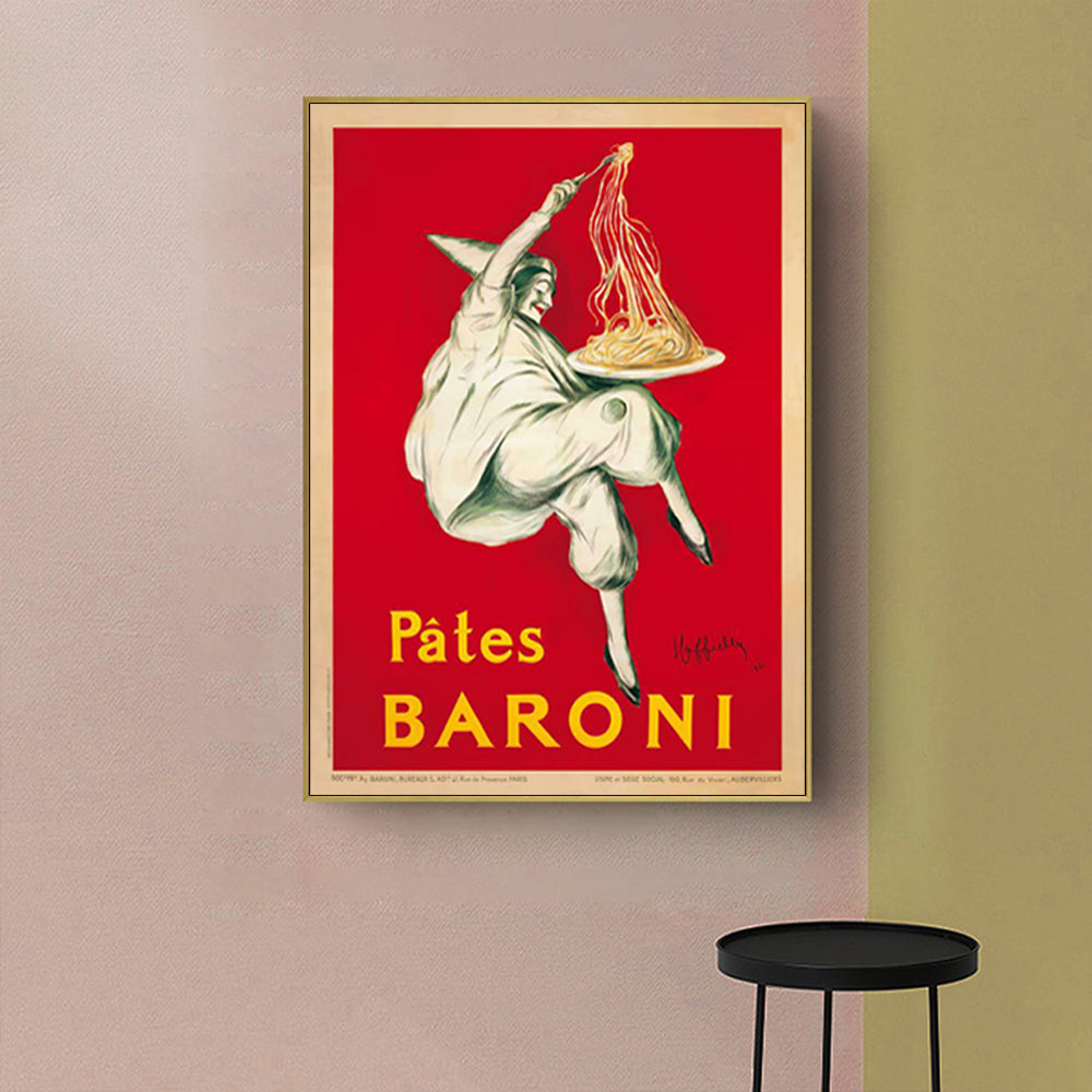 80cmx120cm Pates Baroni Pasta Canvas Wall Art framed in gold, showcasing vibrant colors and a floating effect.