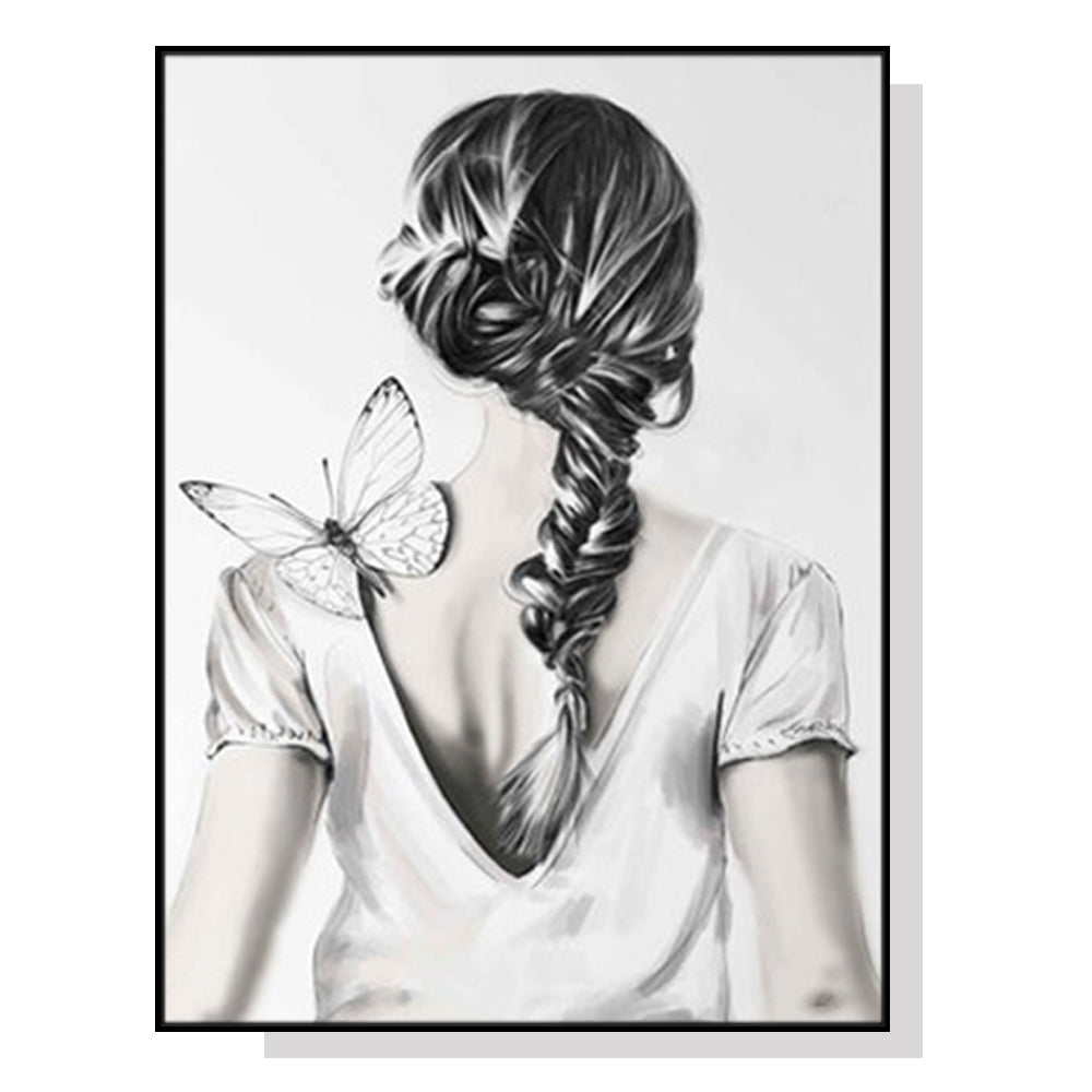 80cmx120cm canvas wall art featuring a woman back design with butterflies, framed in a sleek black floating frame.