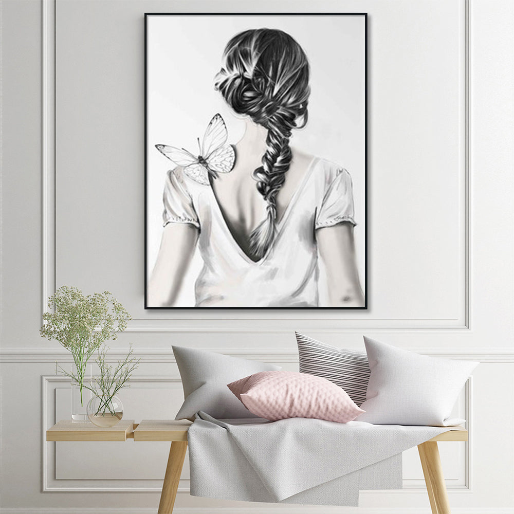 80cmx120cm canvas wall art featuring a woman back design with butterflies, framed in a sleek black floating frame.