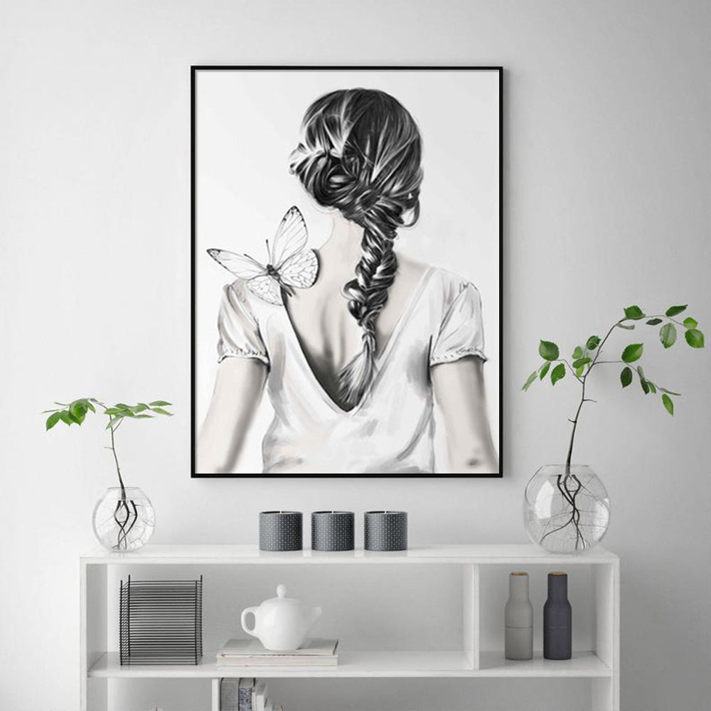 80cmx120cm canvas wall art featuring a woman back design with butterflies, framed in a sleek black floating frame.
