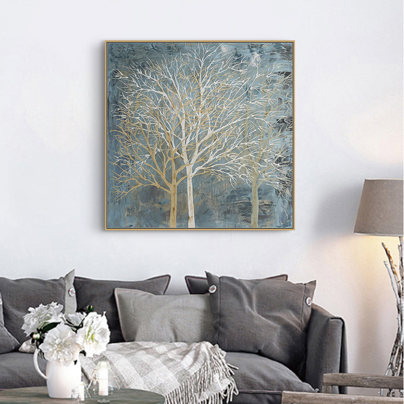 80cmx80cm canvas wall art featuring a forest at twilight, framed in gold, showcasing vibrant colors and intricate details.
