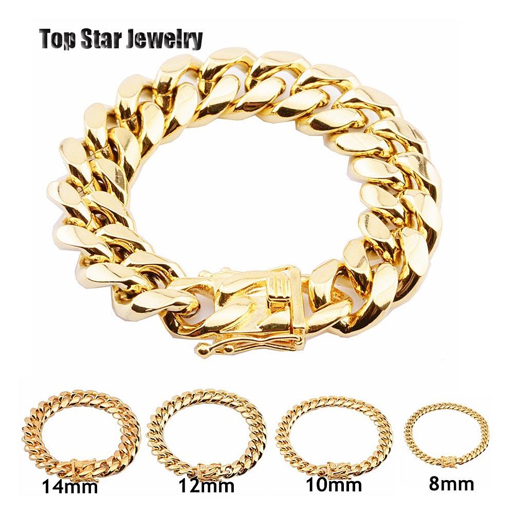 A collection of 8mm to 18mm stainless steel bracelets, elegantly 18K gold plated, displayed on a neutral background.