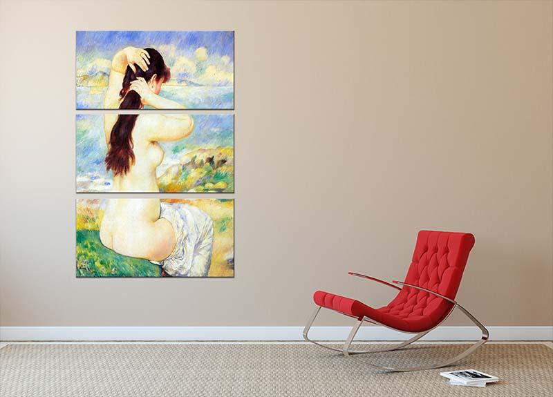 A Bather by Renoir 3-panel canvas print showcasing elegant artwork in a modern setting.