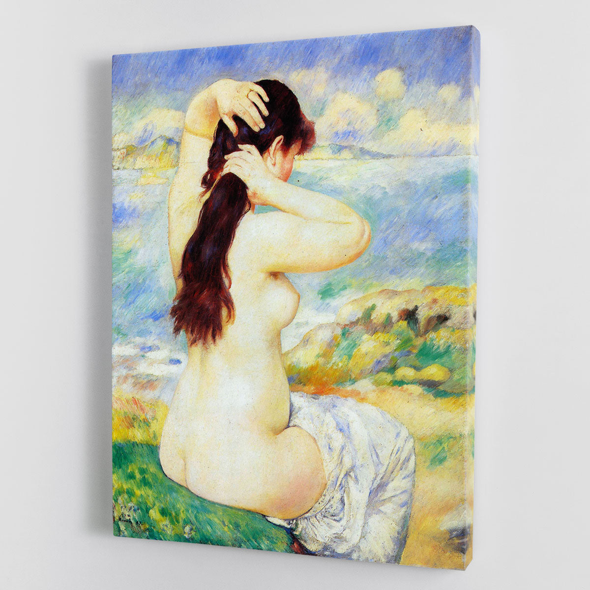 A Bather by Renoir canvas print showcasing a serene bathing scene with vibrant colors and impressionist style.
