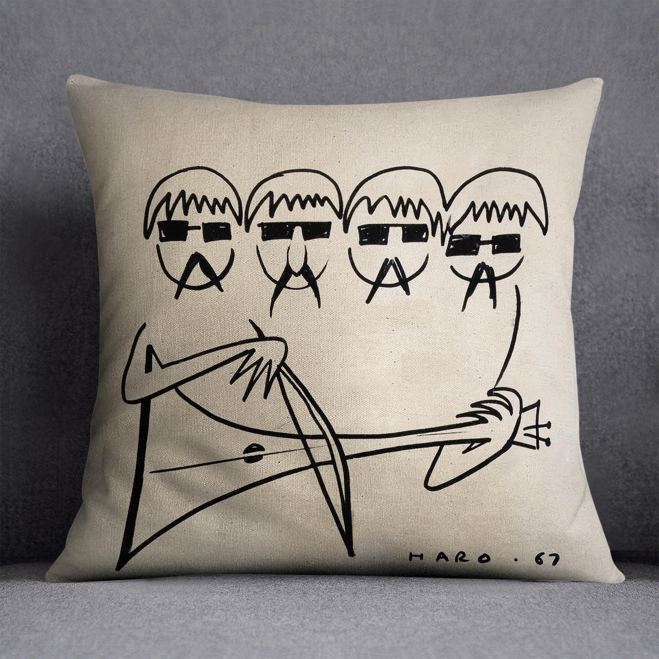 A vibrant Beatles Cartoon by Haro Cushion featuring colorful abstract designs on luxurious vegan faux suede.