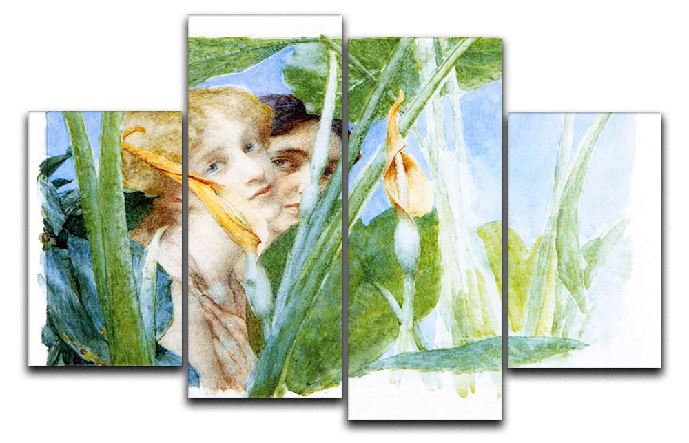 A beautiful flower artwork by Alma Tadema displayed as a 4 split panel canvas, showcasing vibrant colors and intricate details.