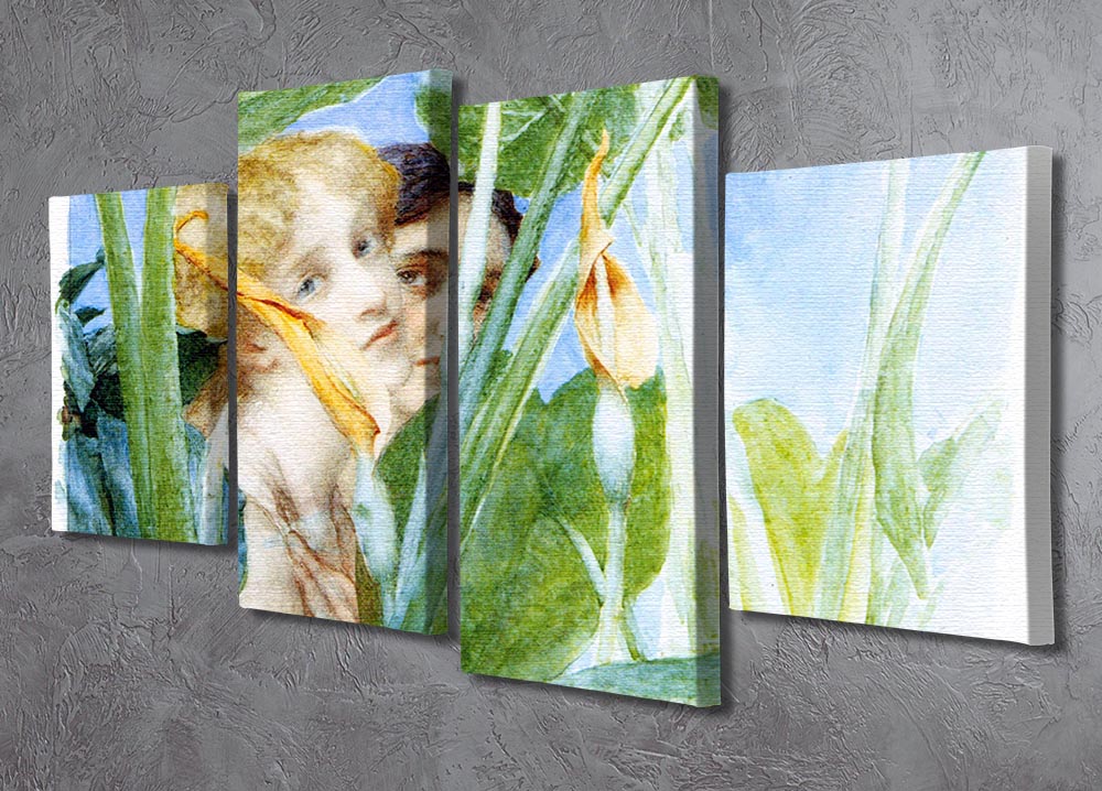 A beautiful flower artwork by Alma Tadema displayed as a 4 split panel canvas, showcasing vibrant colors and intricate details.