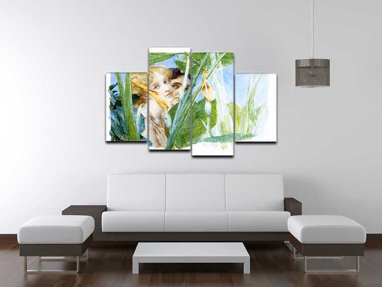 A beautiful flower artwork by Alma Tadema displayed as a 4 split panel canvas, showcasing vibrant colors and intricate details.