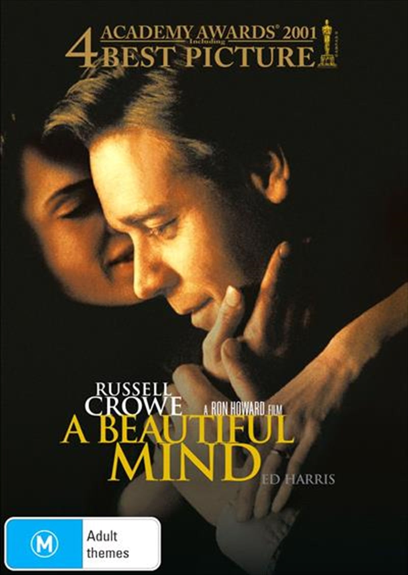 A Beautiful Mind DVD cover featuring Russell Crowe and Jennifer Connelly, showcasing the film's title and award accolades.