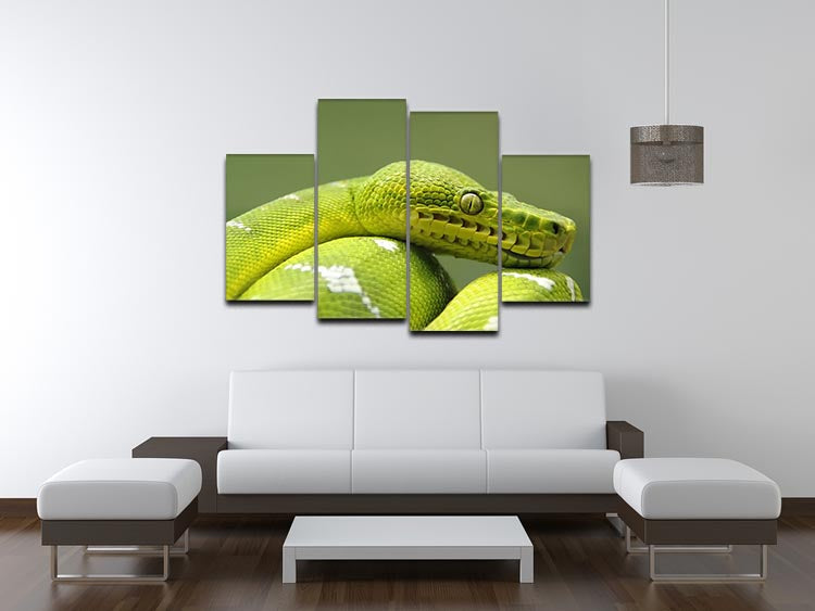 A closeup landscape shot of an Emerald Tree Boa displayed on a 4 split panel canvas, showcasing vibrant green colors and intricate patterns.