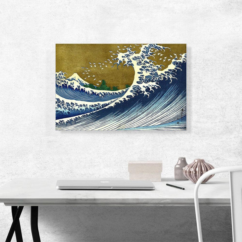 A vibrant canvas art piece depicting colorful ocean waves, enhancing any decor with its dynamic design.