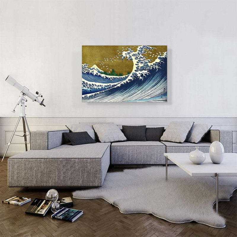 A vibrant canvas art piece depicting colorful ocean waves, enhancing any decor with its dynamic design.
