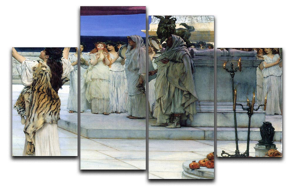A 4-split canvas artwork depicting Bacchus by Alma Tadema, showcasing vibrant colors and intricate details across four panels.