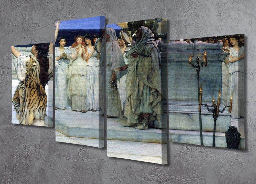 A 4-split canvas artwork depicting Bacchus by Alma Tadema, showcasing vibrant colors and intricate details across four panels.