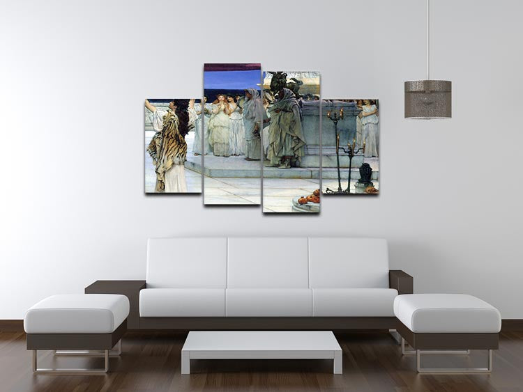 A 4-split canvas artwork depicting Bacchus by Alma Tadema, showcasing vibrant colors and intricate details across four panels.