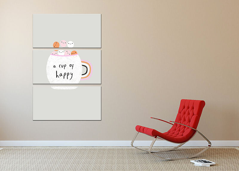 A beautiful 3-panel canvas print titled 'A Cup of Happy', featuring vibrant colors and artistic design, perfect for home decor.